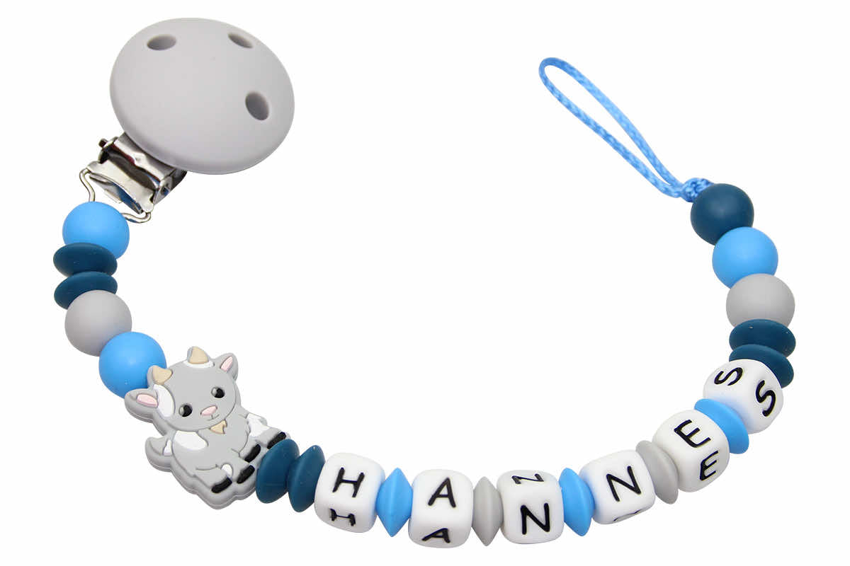 Silicone pacifier chain with name goat blue tones