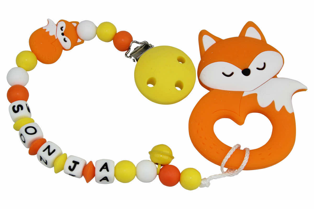 Silicone pacifier chain with name and fox pendant yellow:orange