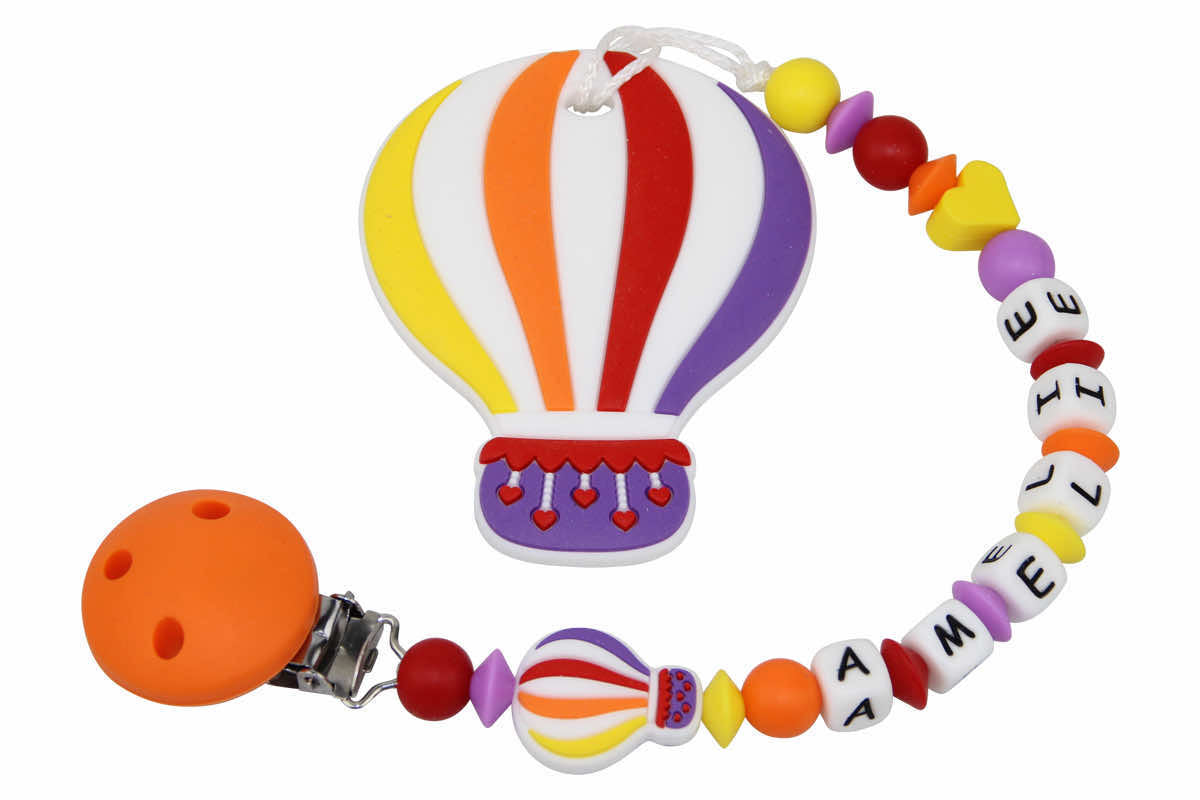Silicone pacifier chain with name and balloon pendant orange:purple