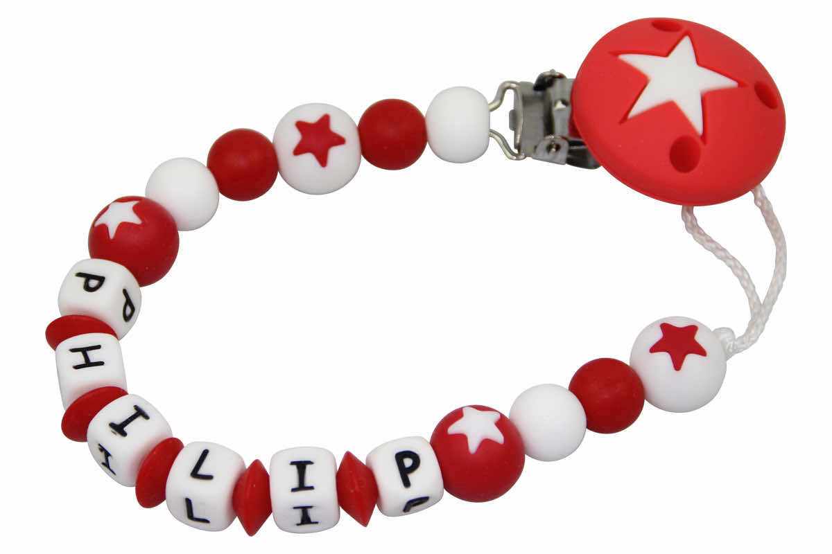 Silicone pacifier chain with name stars red:white