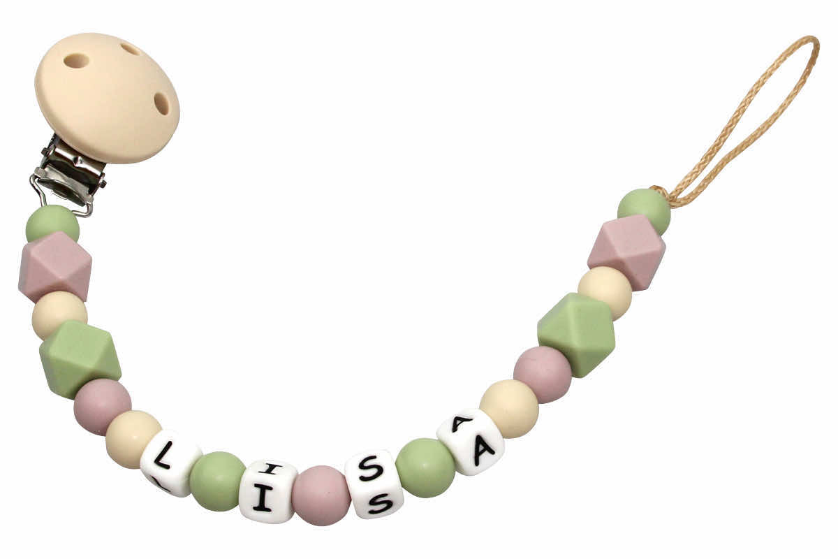 Silicone pacifier chain with name Hexagon