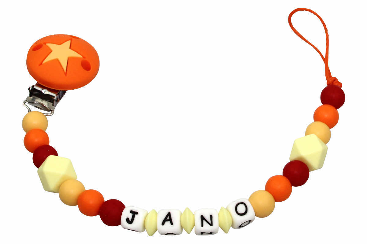 Silicone pacifier chain with name Hexagon yellow:orange