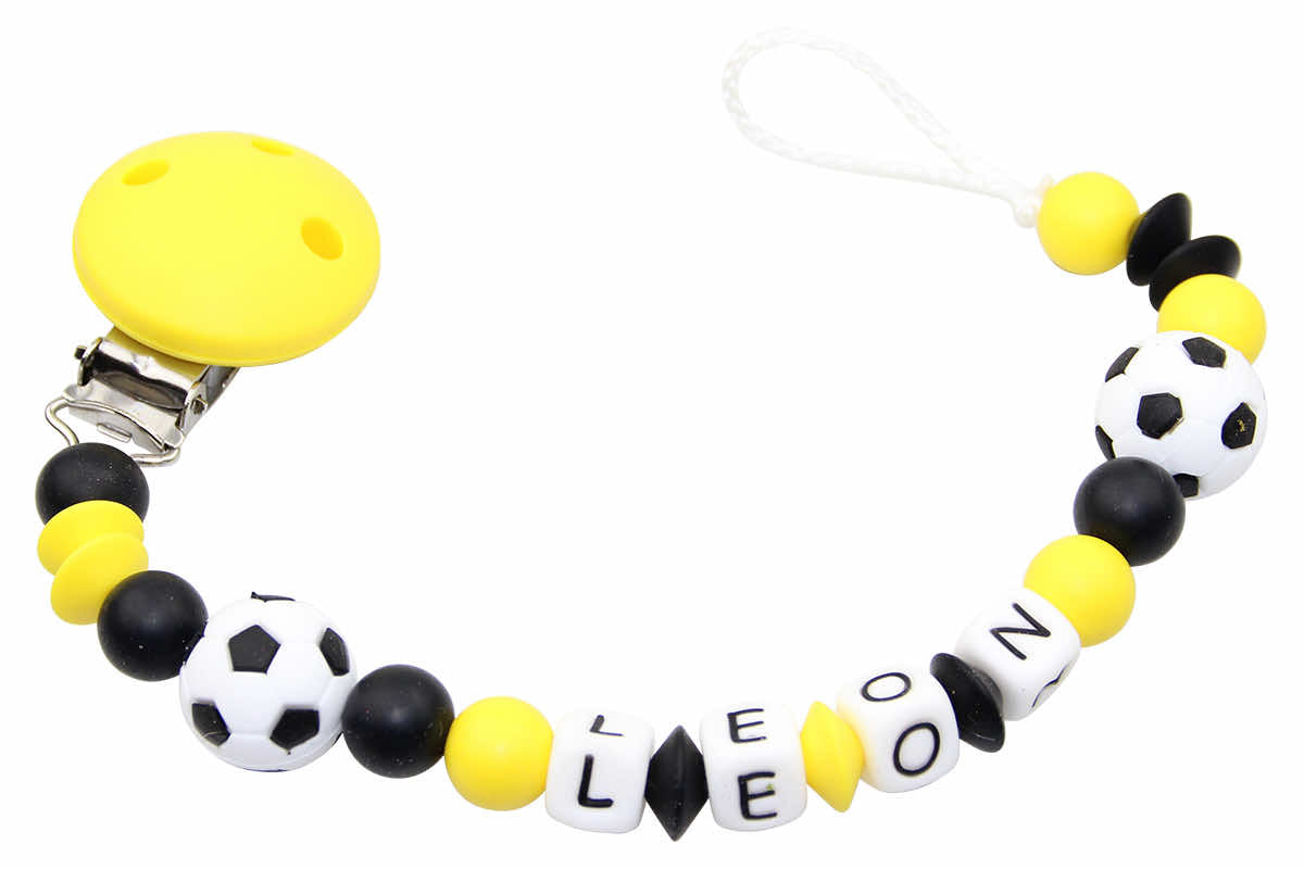 Silicone pacifier chain with name football yellow:black