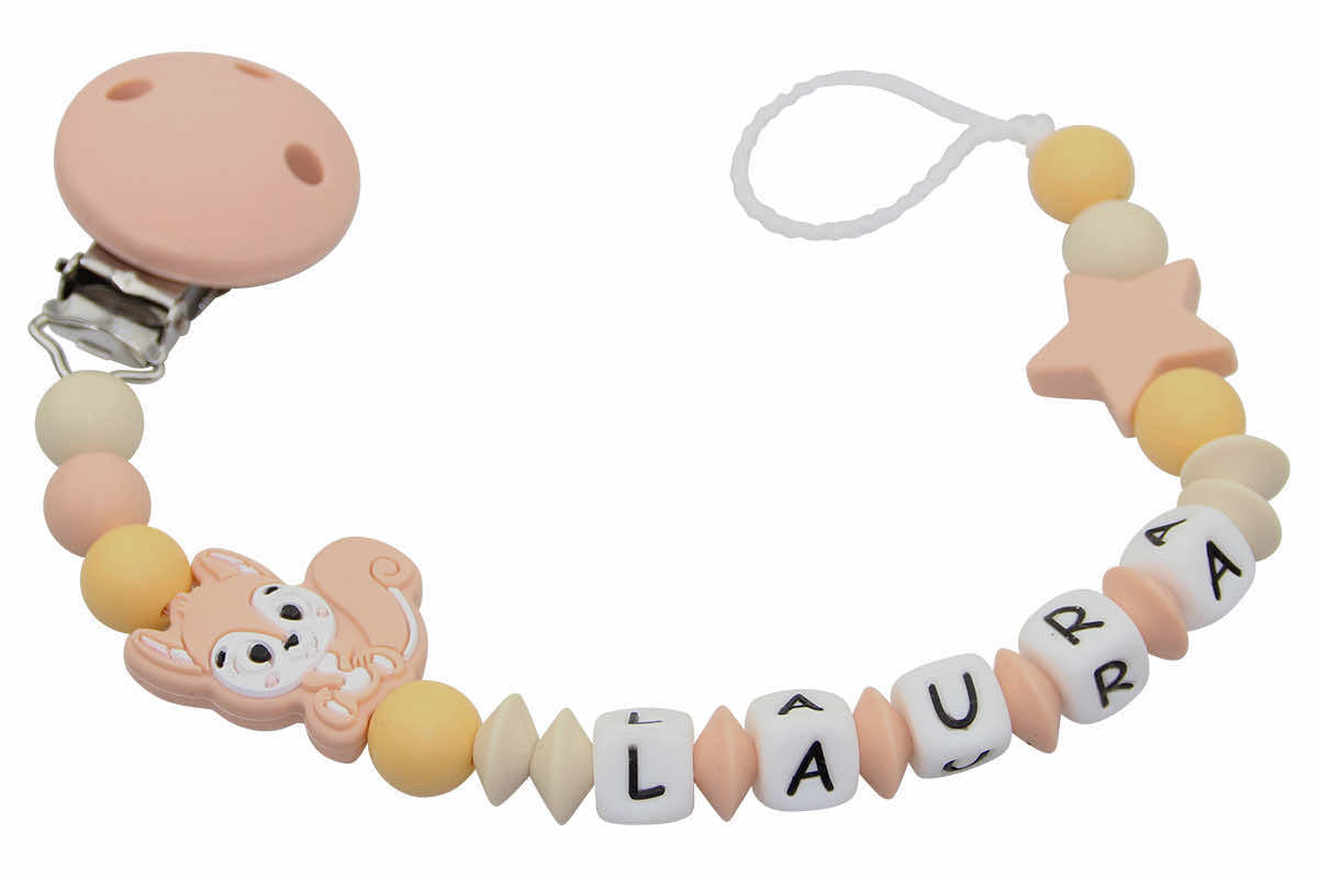 Silicone pacifier chain with name squirrel peach:mustard yellow