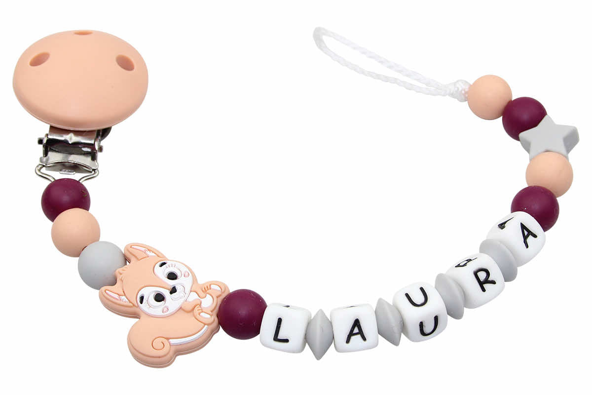 Silicone pacifier chain with name squirrel peach:gray