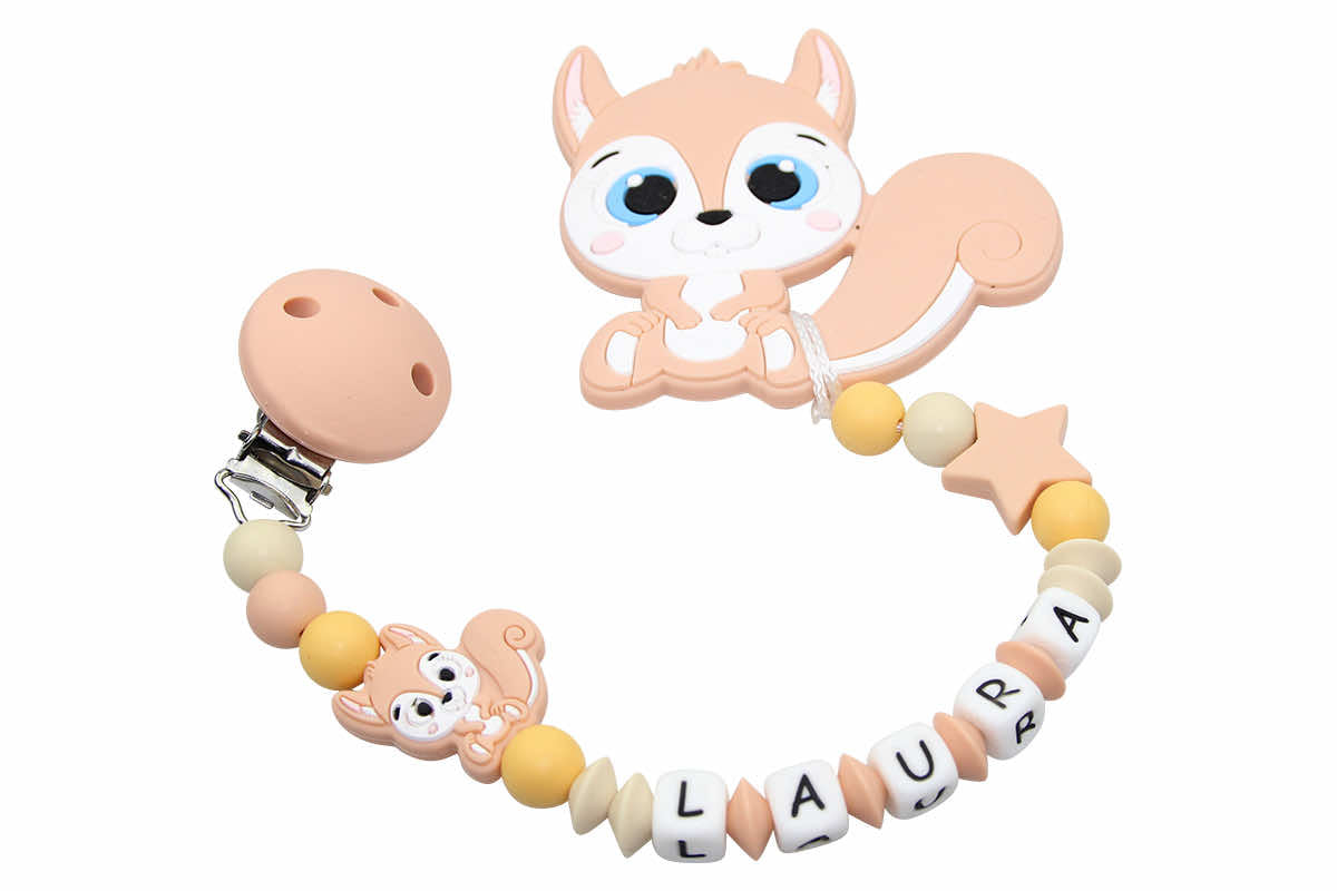 Silicone pacifier chain with name and pendant squirrel peach:mustard yellow