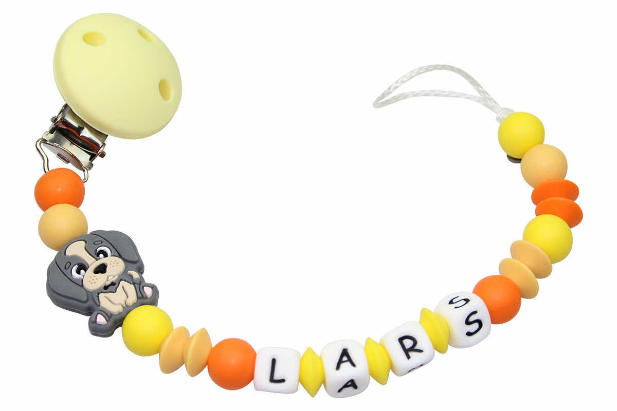 Silicone pacifier chain with name dog pastel yellow:orange