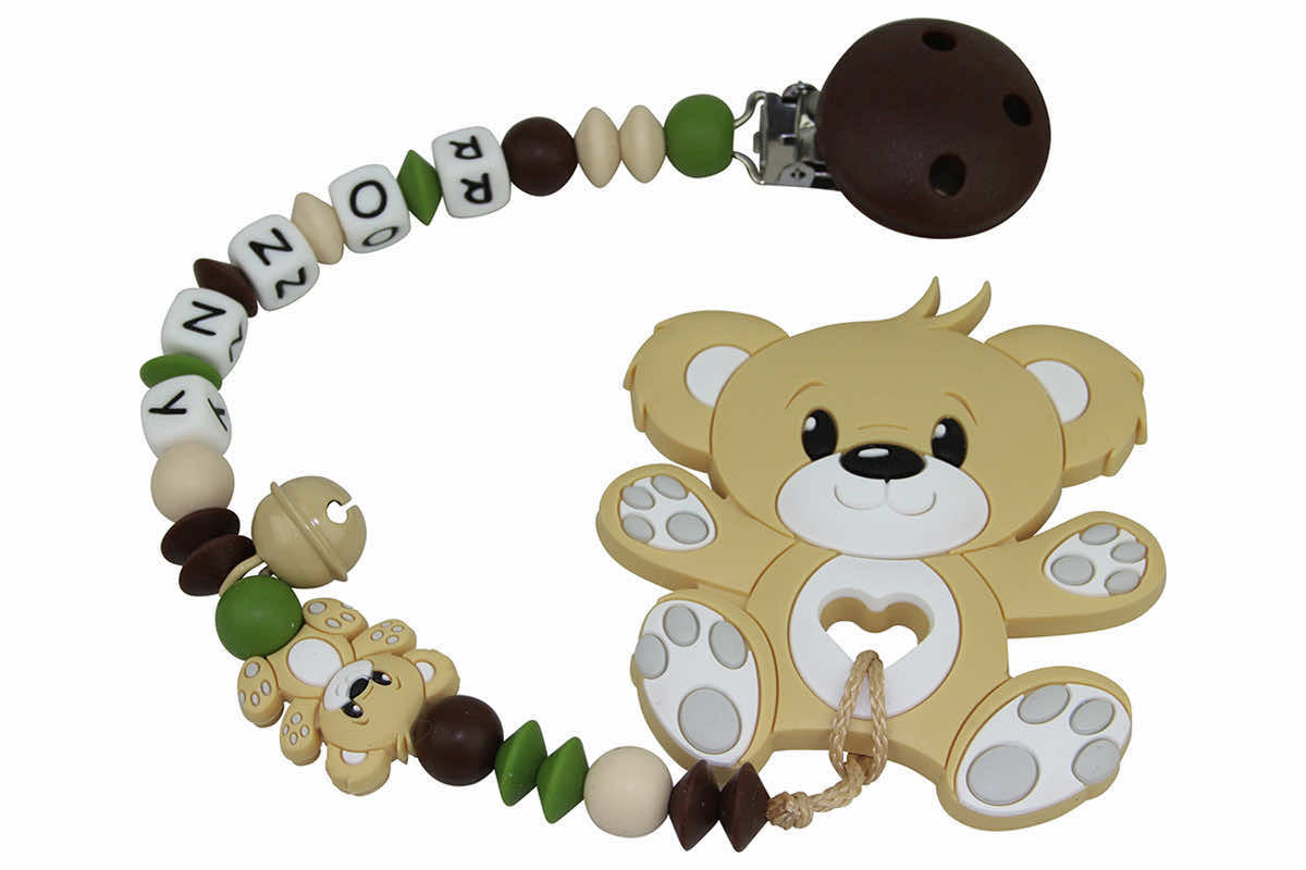Silicone pacifier chain with name and teddy bear pendant beige