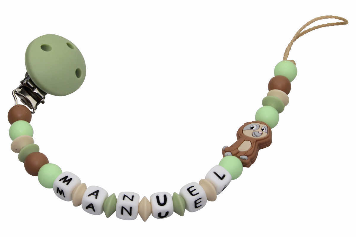 Silicone pacifier chain with name sloth camel:light green