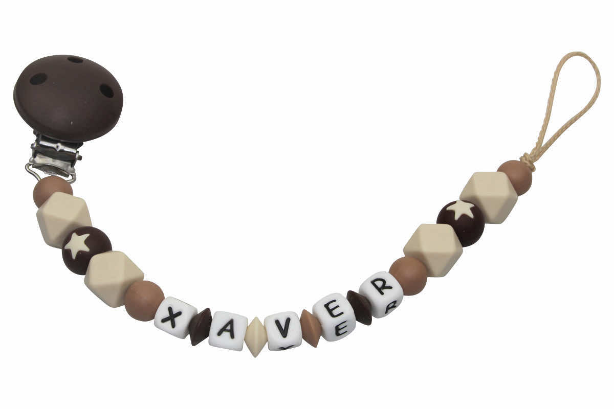 Silicone pacifier chain with name Hexagon beige:brown