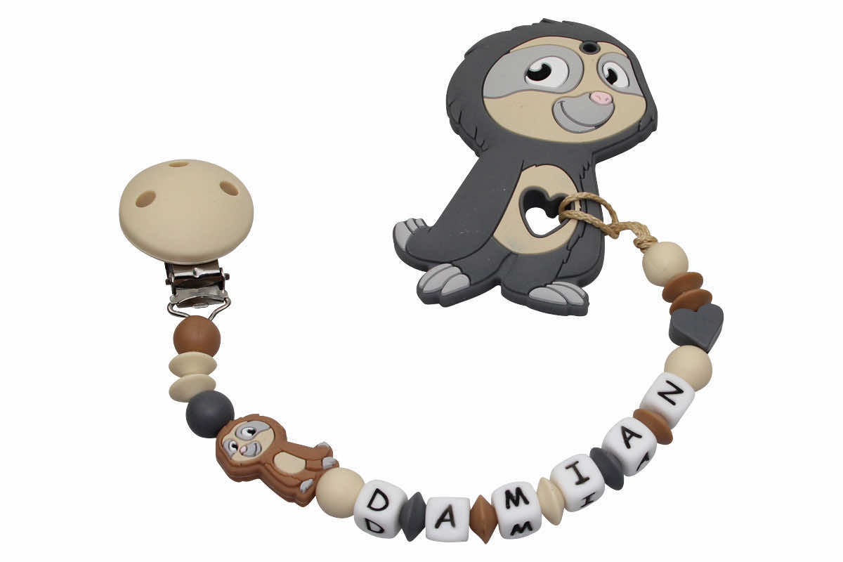 Silicone pacifier chain with name and pendant sloth gray:camel