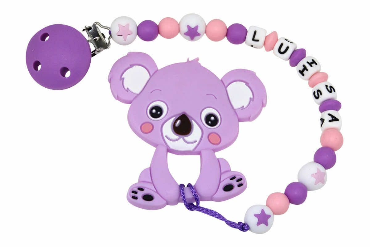 Silicone pacifier chain with name star beads and koala pendant
