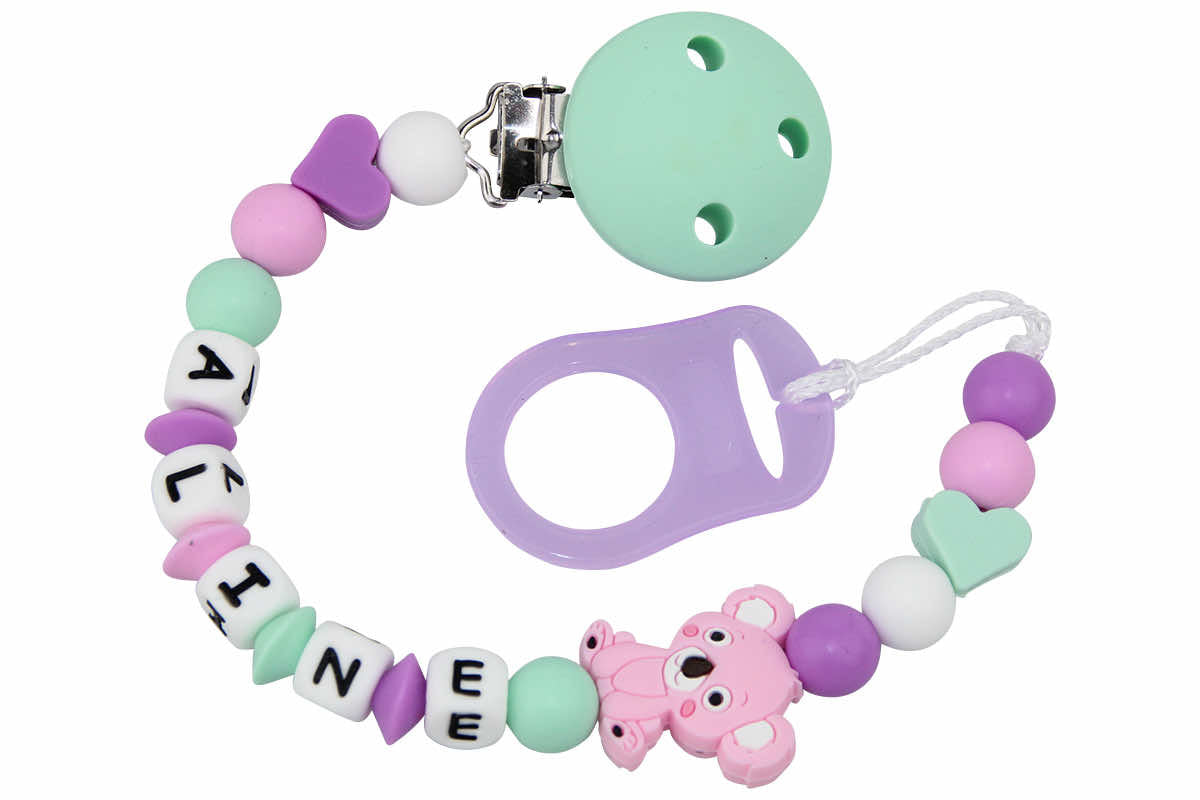 Silicone pacifier chain with name Koala purple:mint