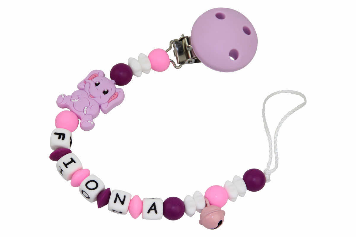 Silicone pacifier chain with name elephant lilac:pink