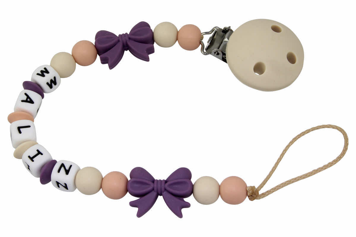 Silicone pacifier chain with name bow beige:grape