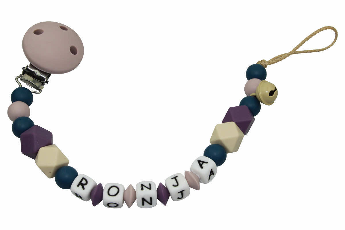 Silicone pacifier chain with name Hexagon grape:beige