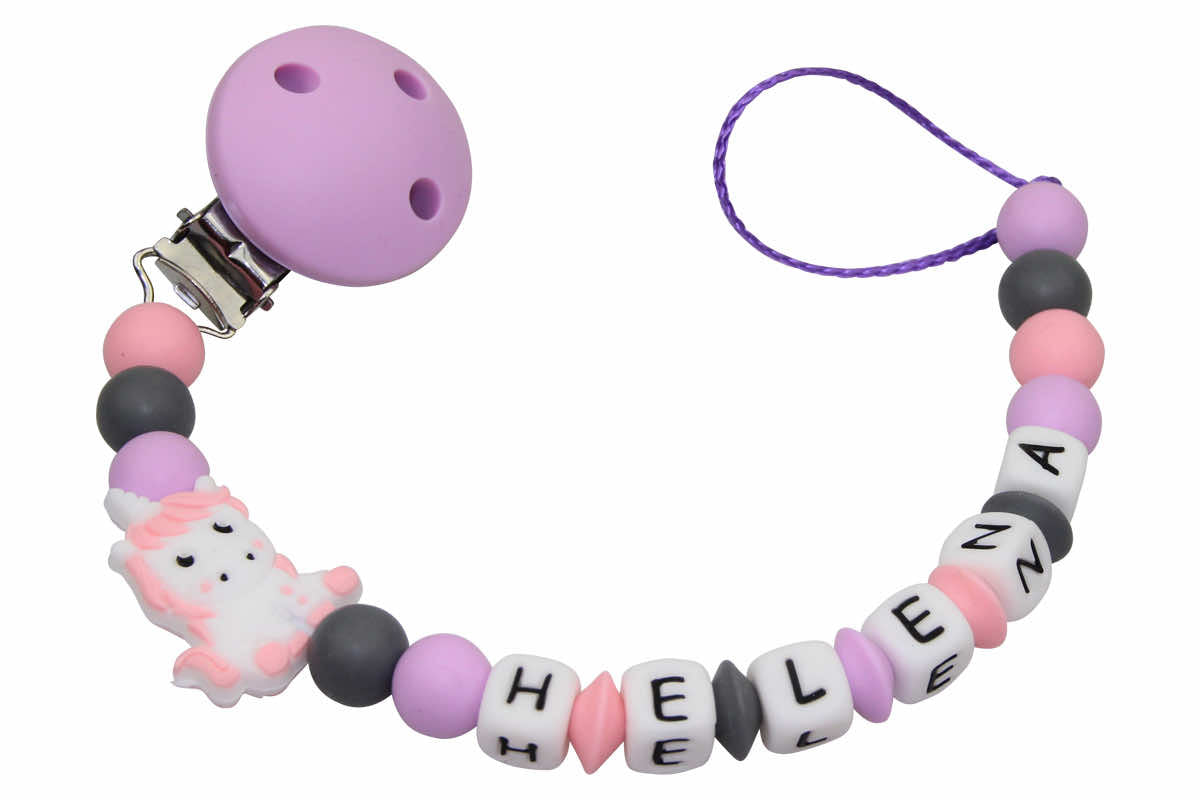 Silicone pacifier chain with name unicorn pastel pink:lilac