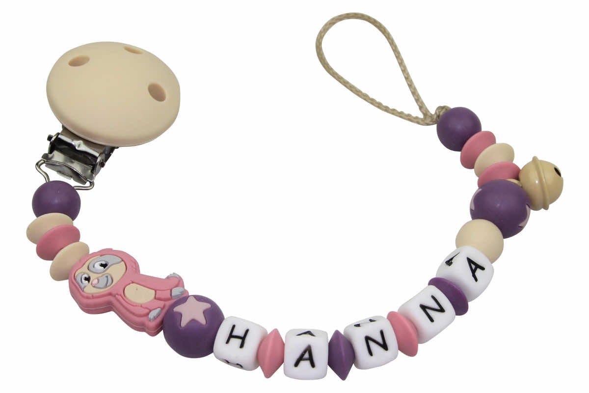 Silicone pacifier chain with name sloth blush:beige