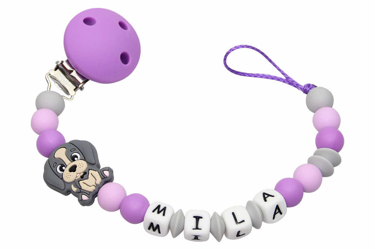 Silicone pacifier chain with name dog purple:gray
