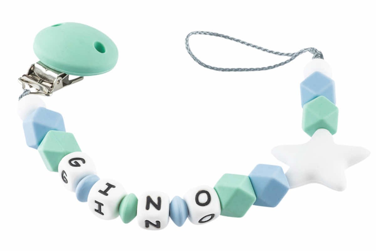 Nuggikette Silikon mit Name Hexagonperlen mint:weiss