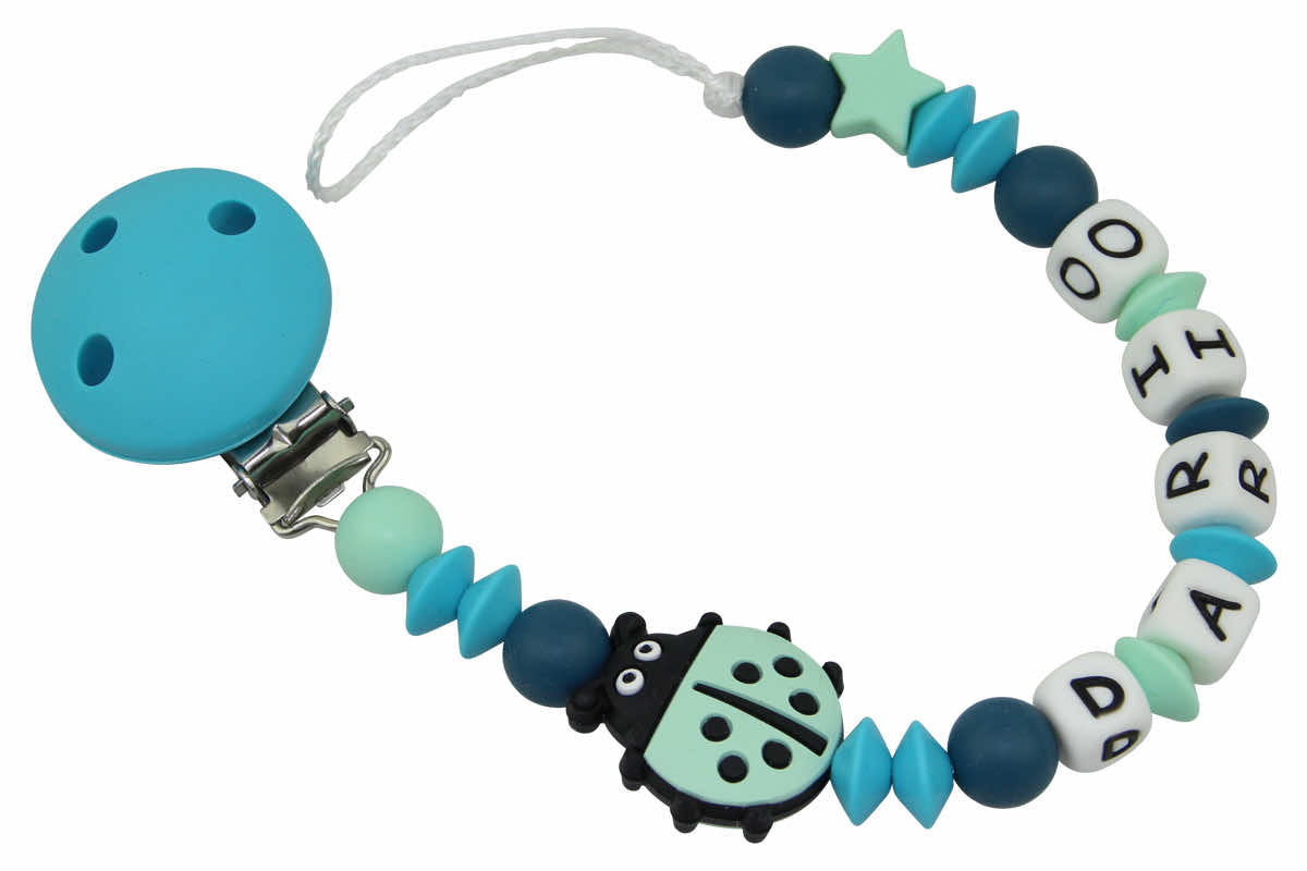 Silicone pacifier chain with name Beetle mint:scuba blue