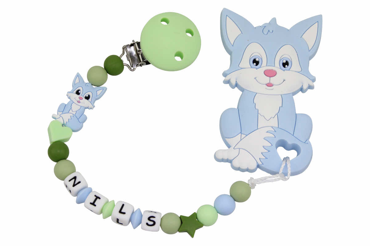 Silicone pacifier chain with name and fox pendant pastel blue:light green