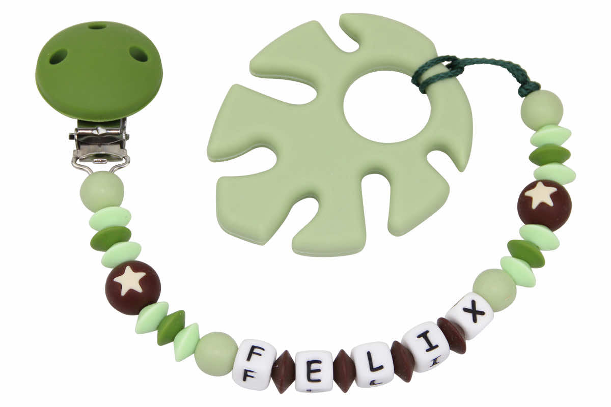 Silicone pacifier chain with name and leaf pendant green:brown