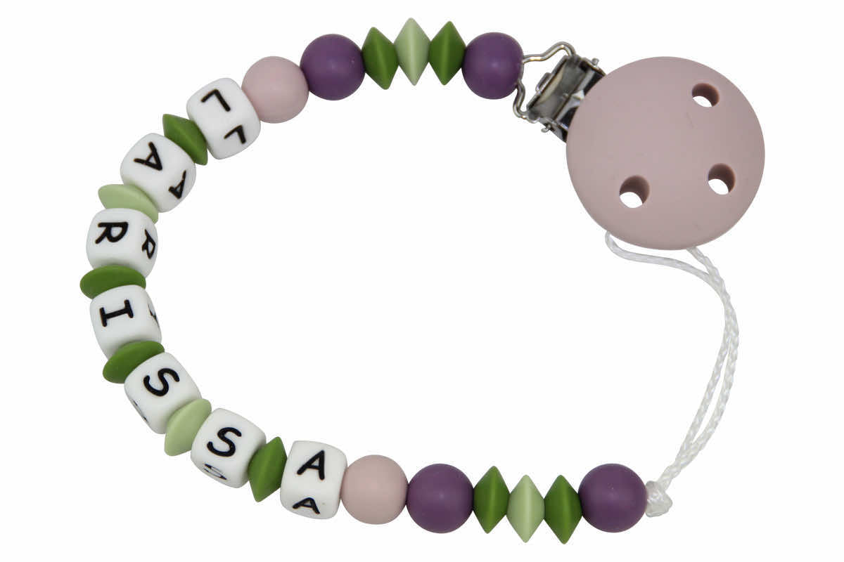 Silicone pacifier chain with name rose brown:grape:green