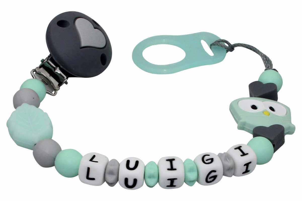 Silicone pacifier chain with name owl mint:gray