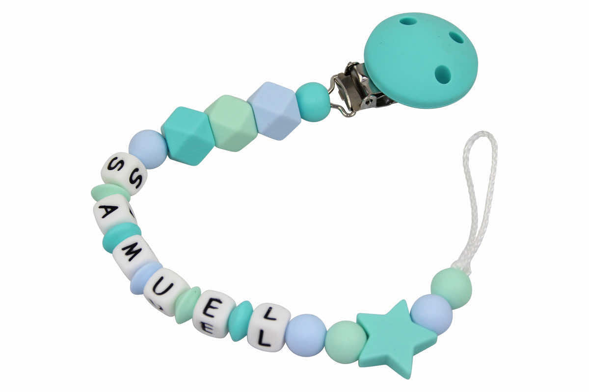 Silicone pacifier chain with name Hexagon turquoise