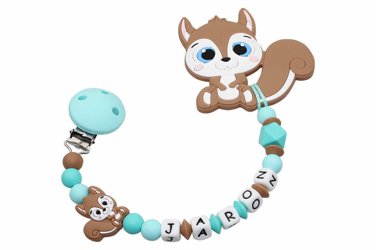Silicone pacifier chain with name and pendant squirrel aqua:camel