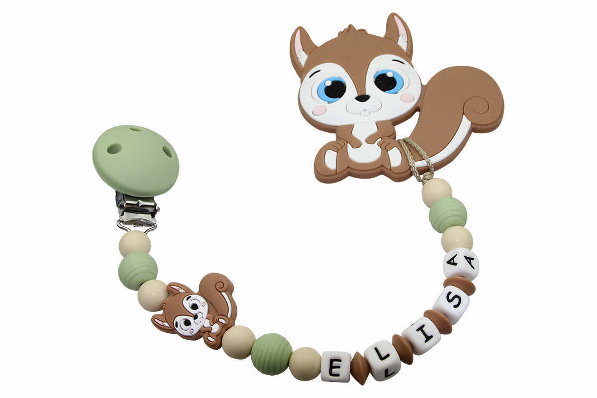 Silicone pacifier chain with name and pendant squirrel lime green:camel