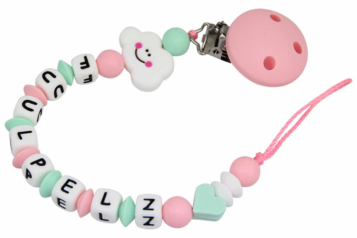 Silicone pacifier chain with name cloud pastel pink:mint