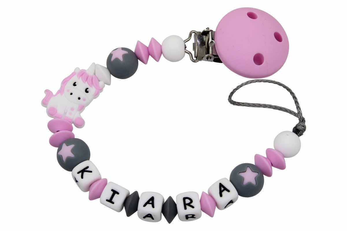 Silicone pacifier chain with name unicorn:star beads pale pink:gray