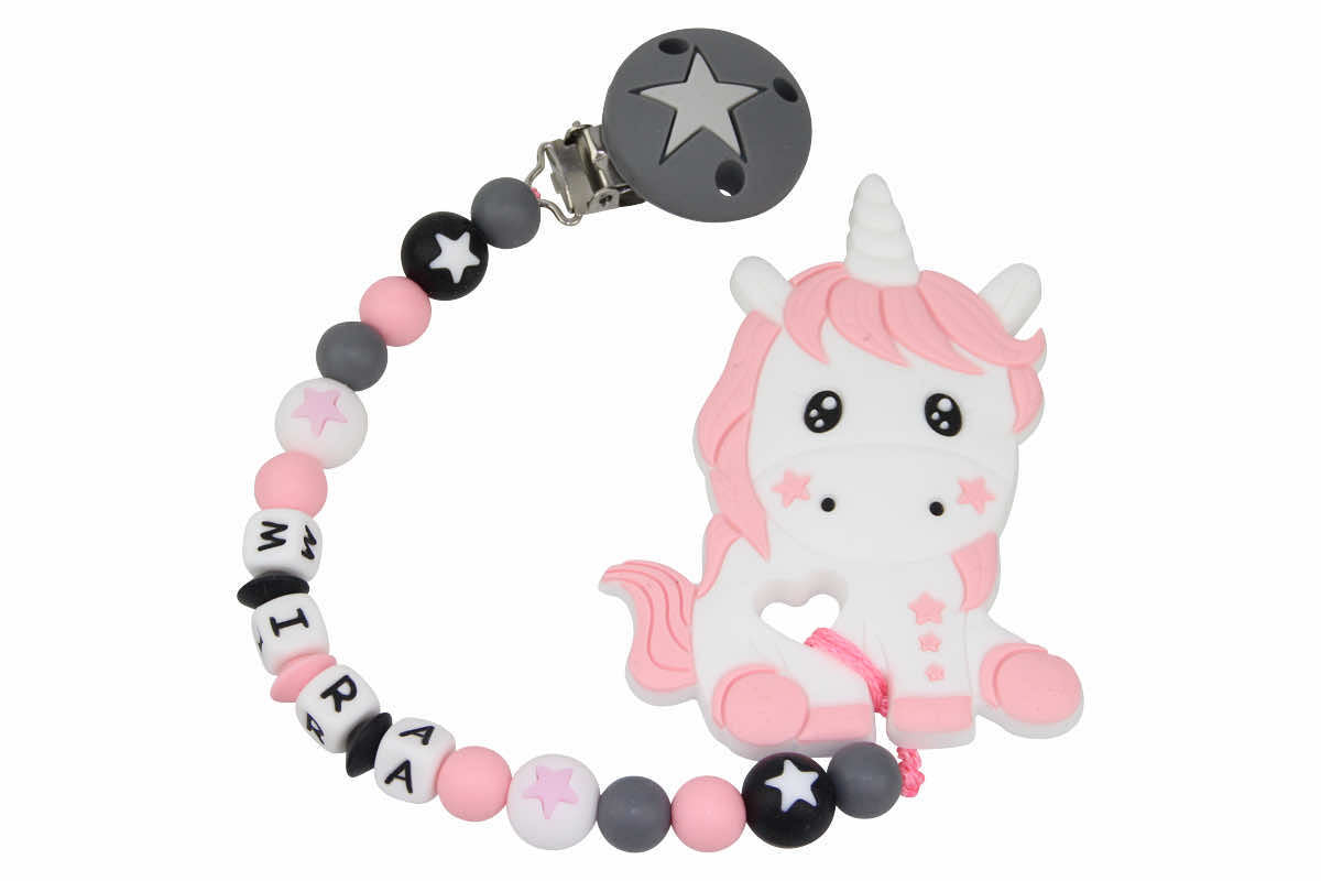 Silicone pacifier chain with name and unicorn pendant