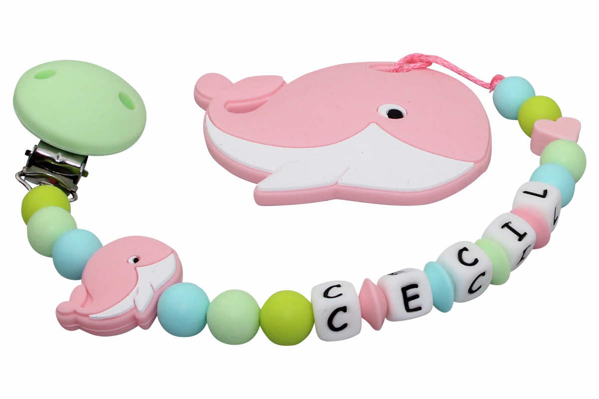 Silicone pacifier chain with name and pendant whale pastel pink