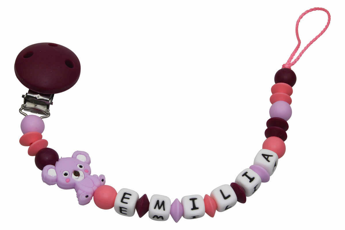 Silicone dummy chain with name Koala lilac:salmon