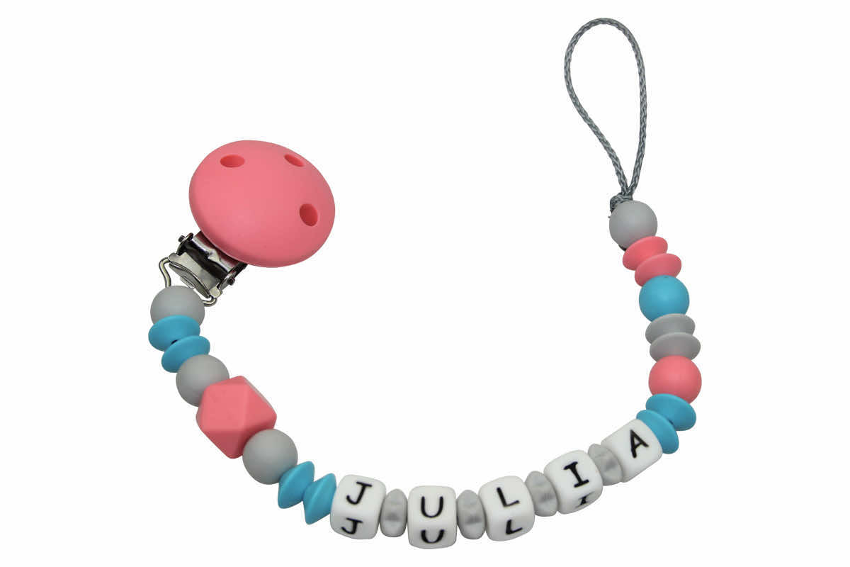 Silicone pacifier chain with name Hexagon salmon:gray