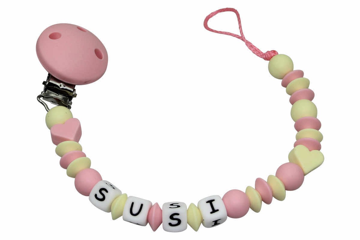 Silicone pacifier chain with name pastel pink:pastel yellow