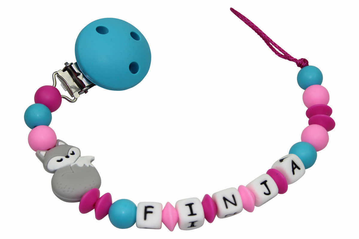 Silicone pacifier chain with name fox scuba blue:pink