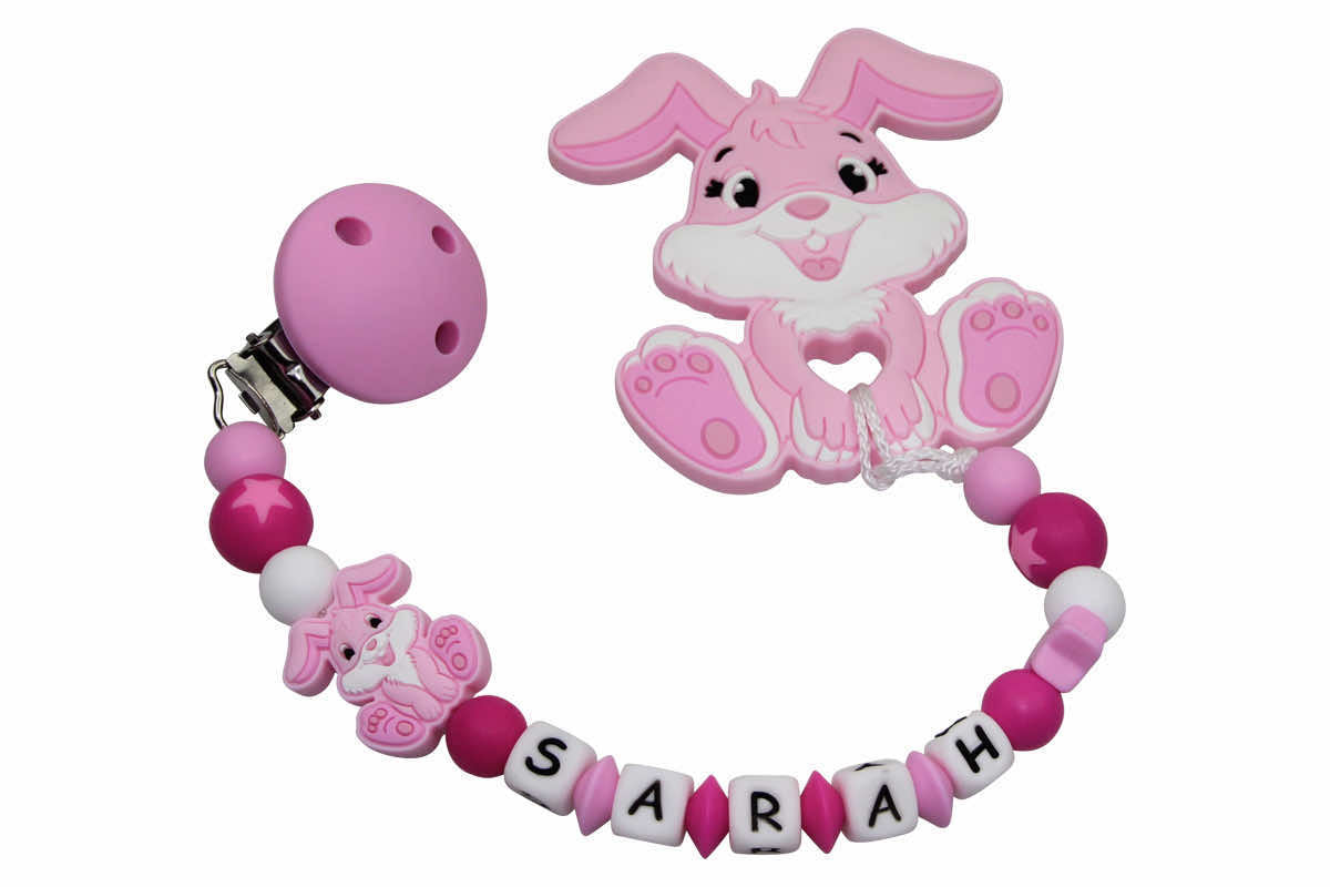 Silicone pacifier chain with name and bunny pendant pale pink