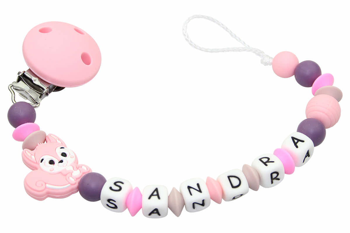 Silicone pacifier chain with name squirrel pastel pink:grape