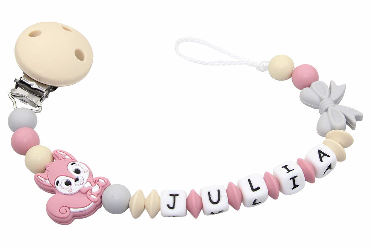 Silicone pacifier chain with name squirrel beige:blush