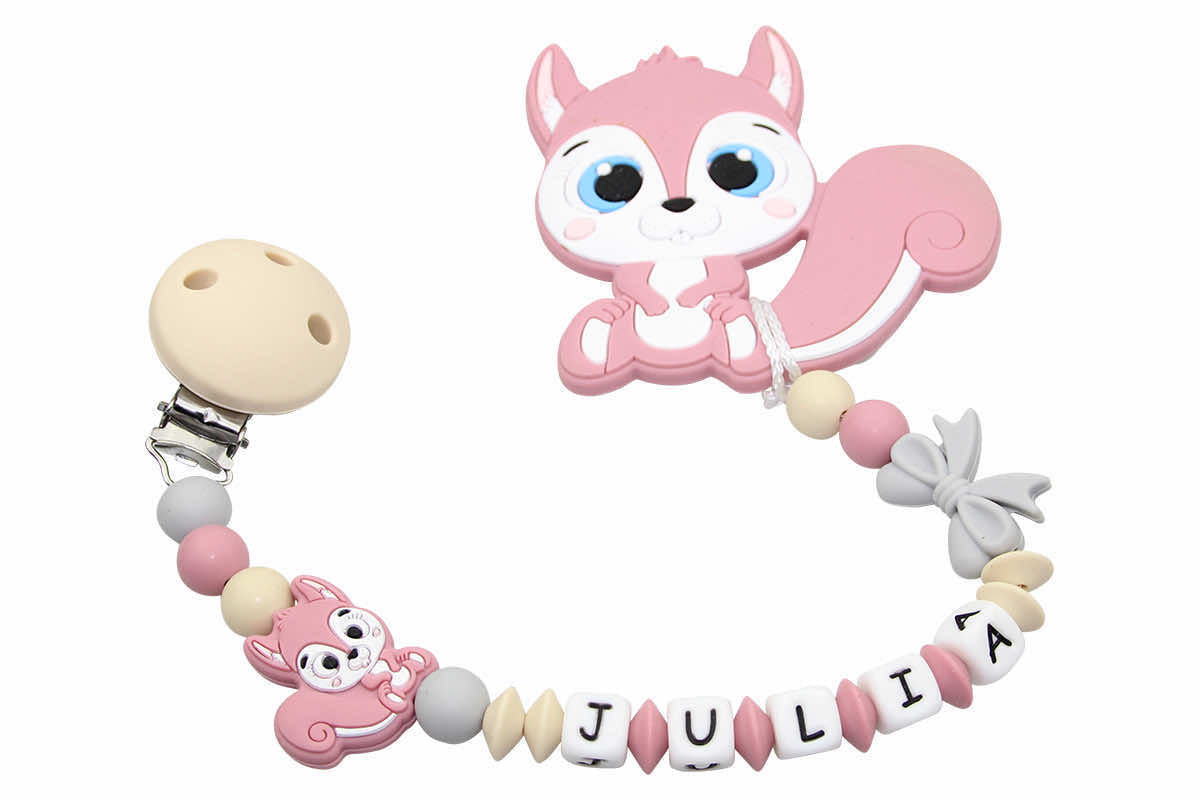 Silicone pacifier chain with name and pendant squirrel beige:blush