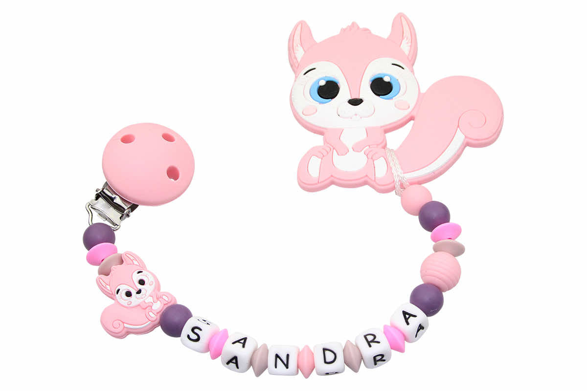 Silicone pacifier chain with name and pendant squirrel pastel pink:grape