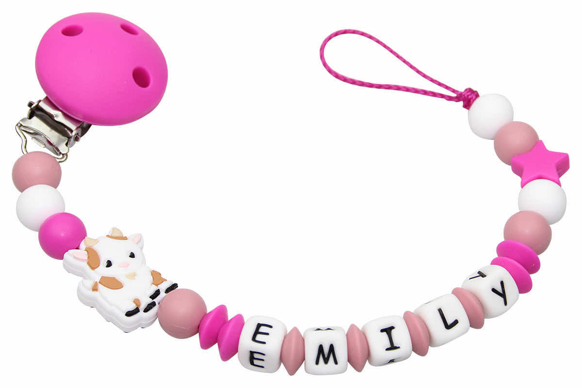 Silicone pacifier chain with name goat dark pink:blush