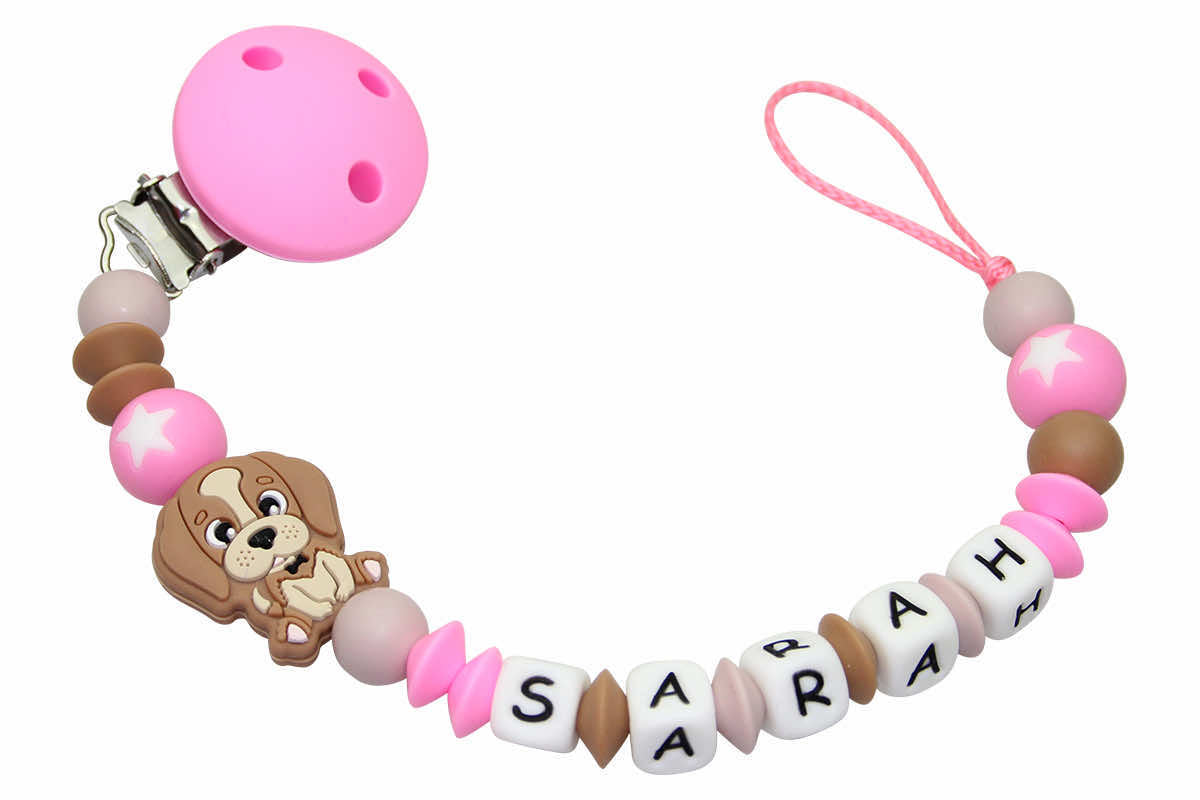 Silicone pacifier chain with name dog pink:camel