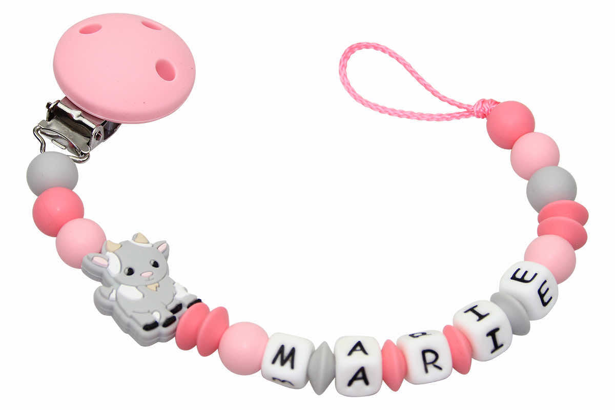 Silicone pacifier chain with name goat pastel pink:gray