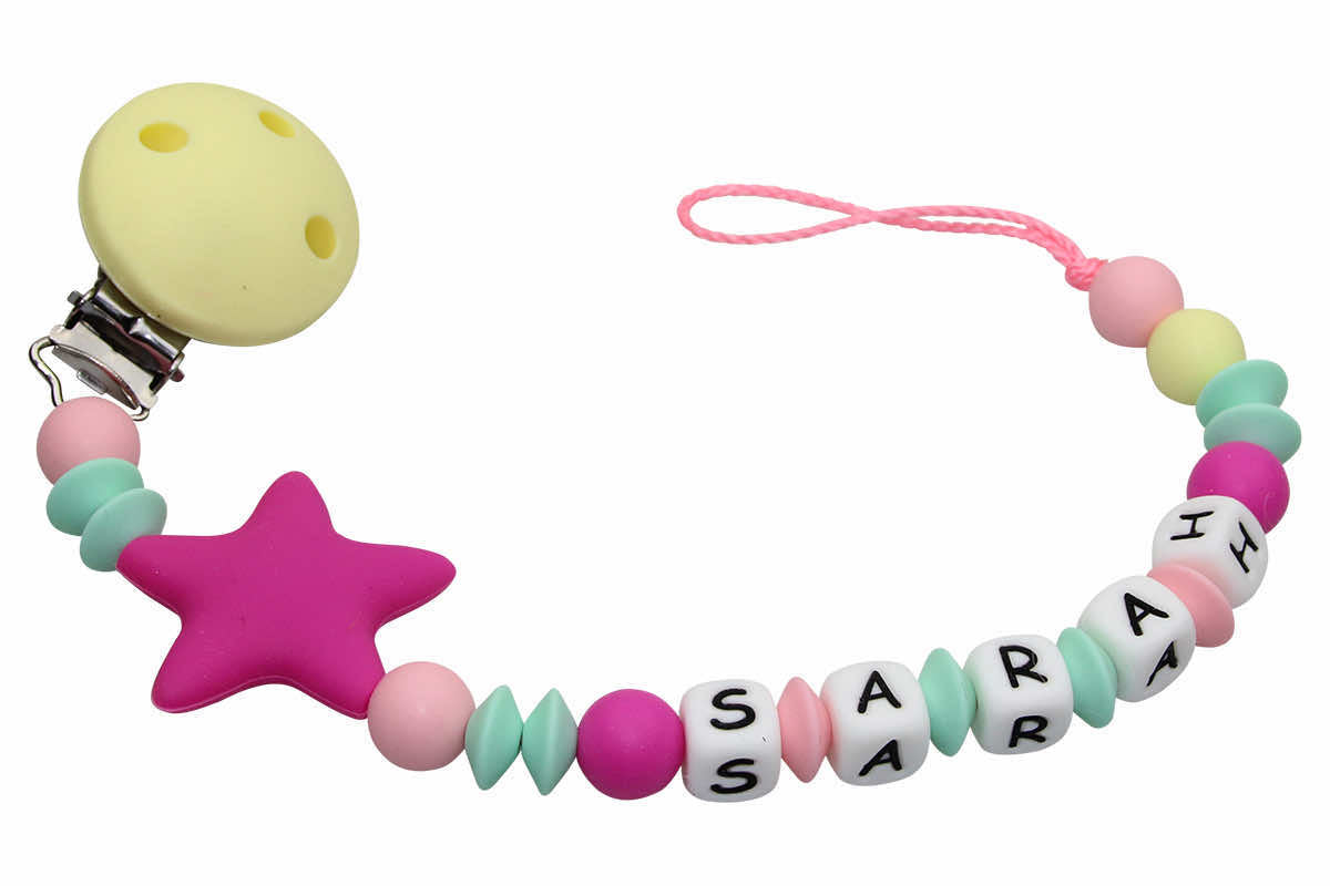 Silicone pacifier chain with name star pastel yellow:dark pink