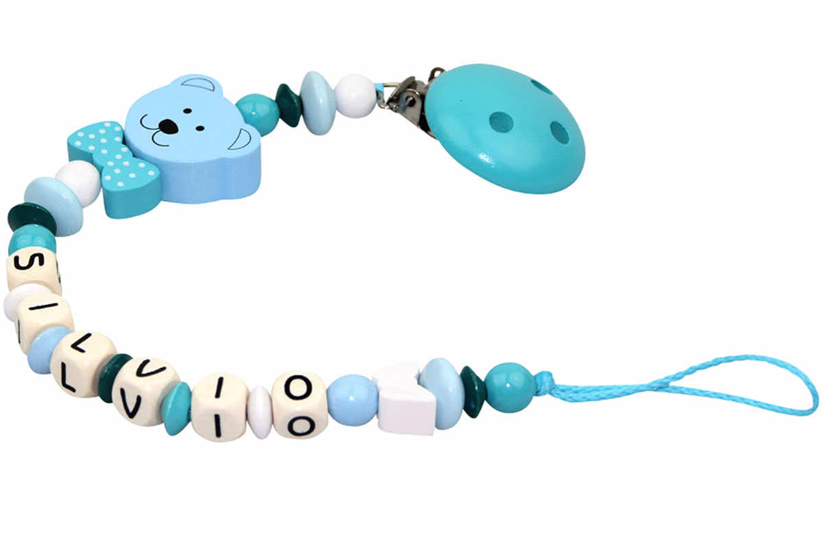 Baby pacifier chain with name bear pastel blue:turquoise